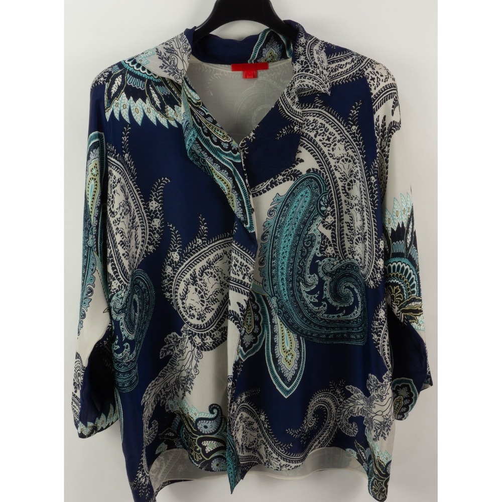 Shamask 100% Silk Collared Tunic Blouse top Women's Size 3 Blue Gray Paisley